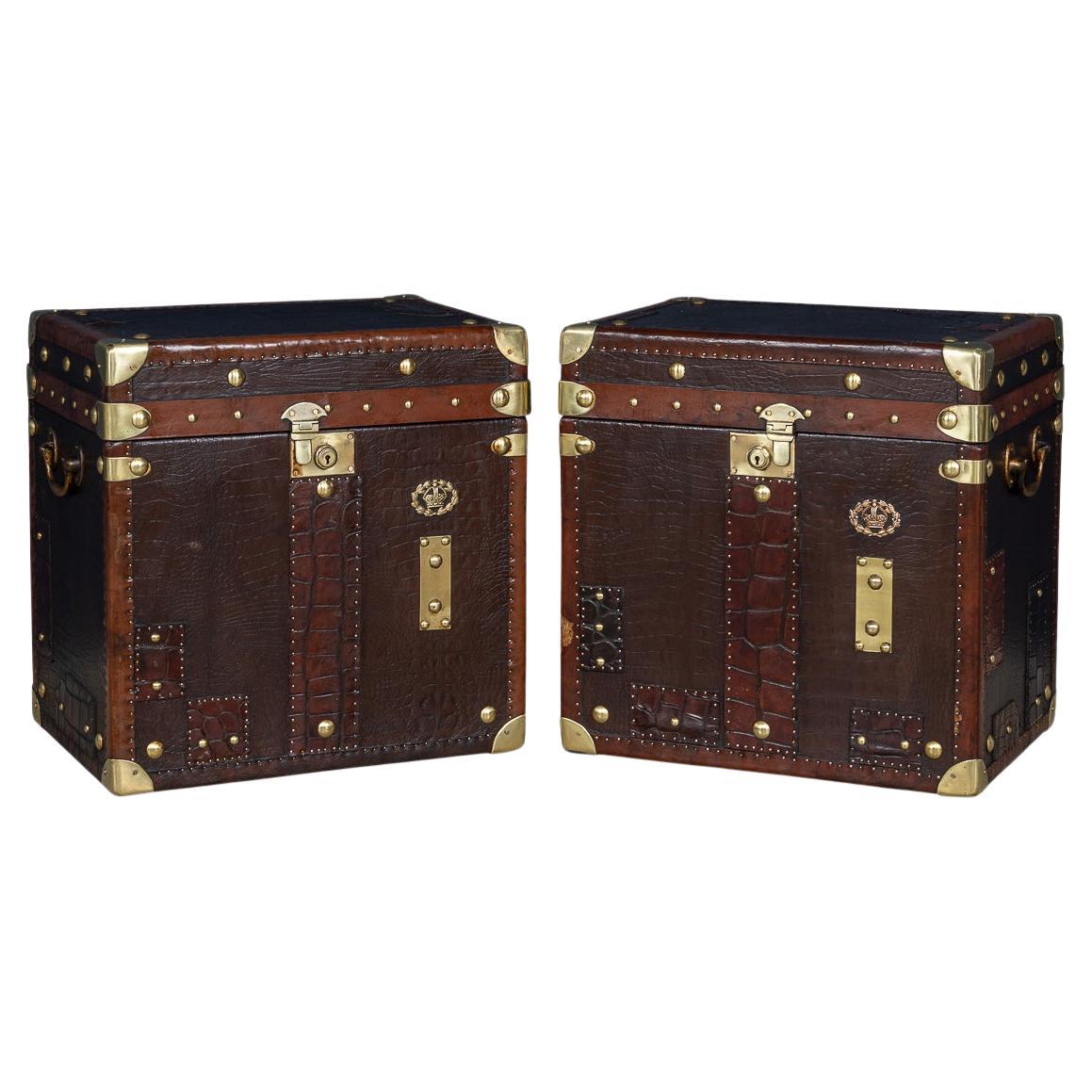 20thC Pair Of Leather Clad English Army / Navy Style Trunks