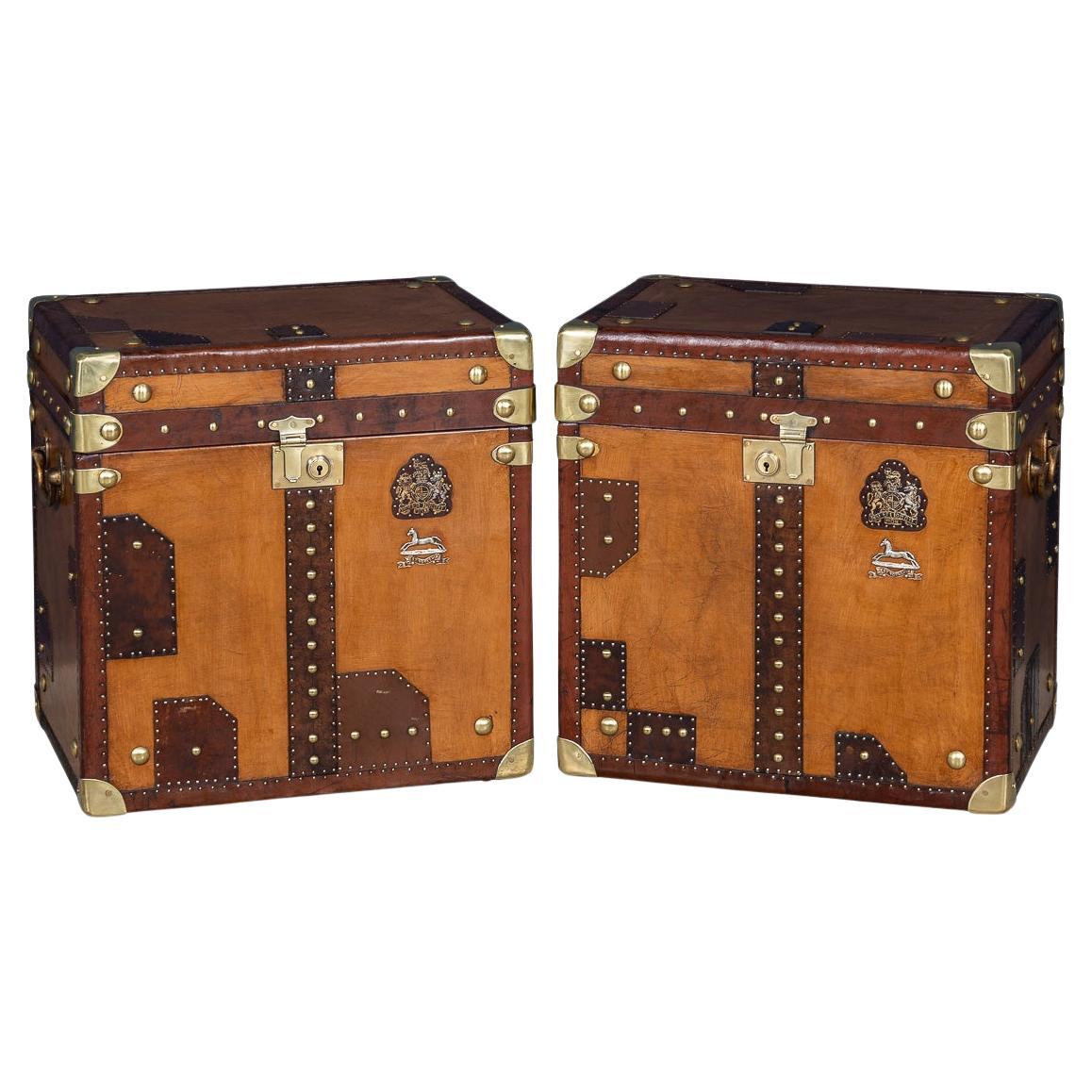 20thC Pair Of Leather Clad English Army / Navy Style Trunks