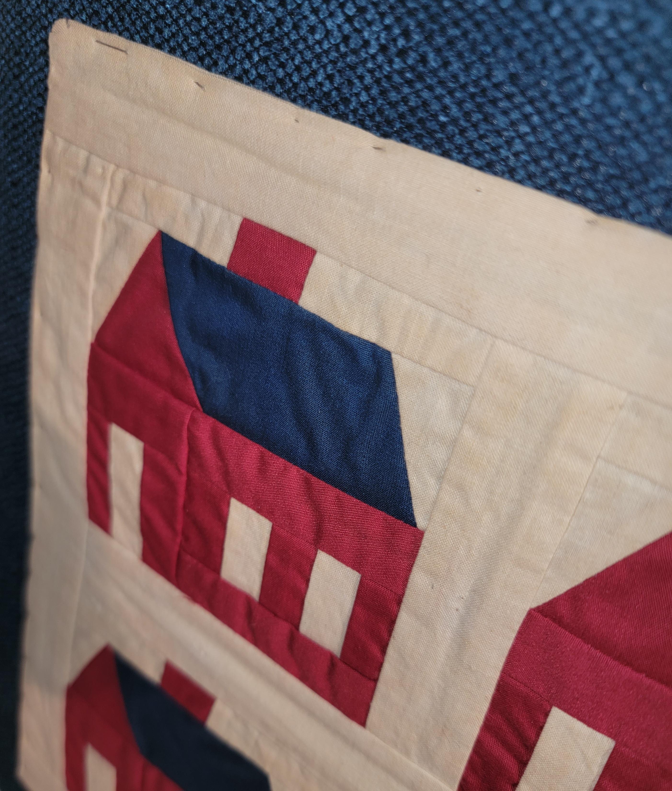 American 20Thc Red & Blue Mounted School House Doll Quilt For Sale