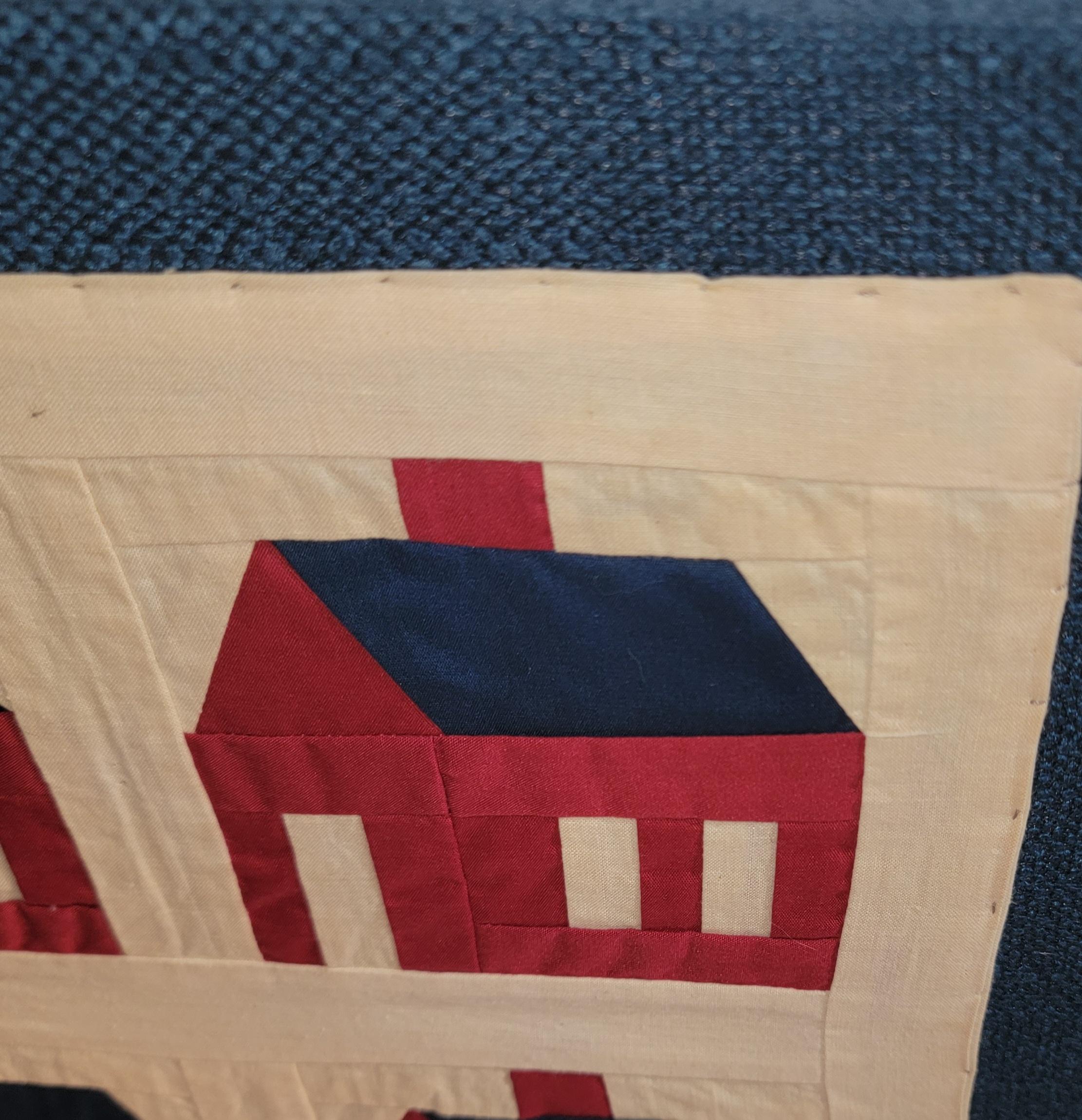20Thc Red & Blue Mounted School House Doll Quilt In Good Condition For Sale In Los Angeles, CA