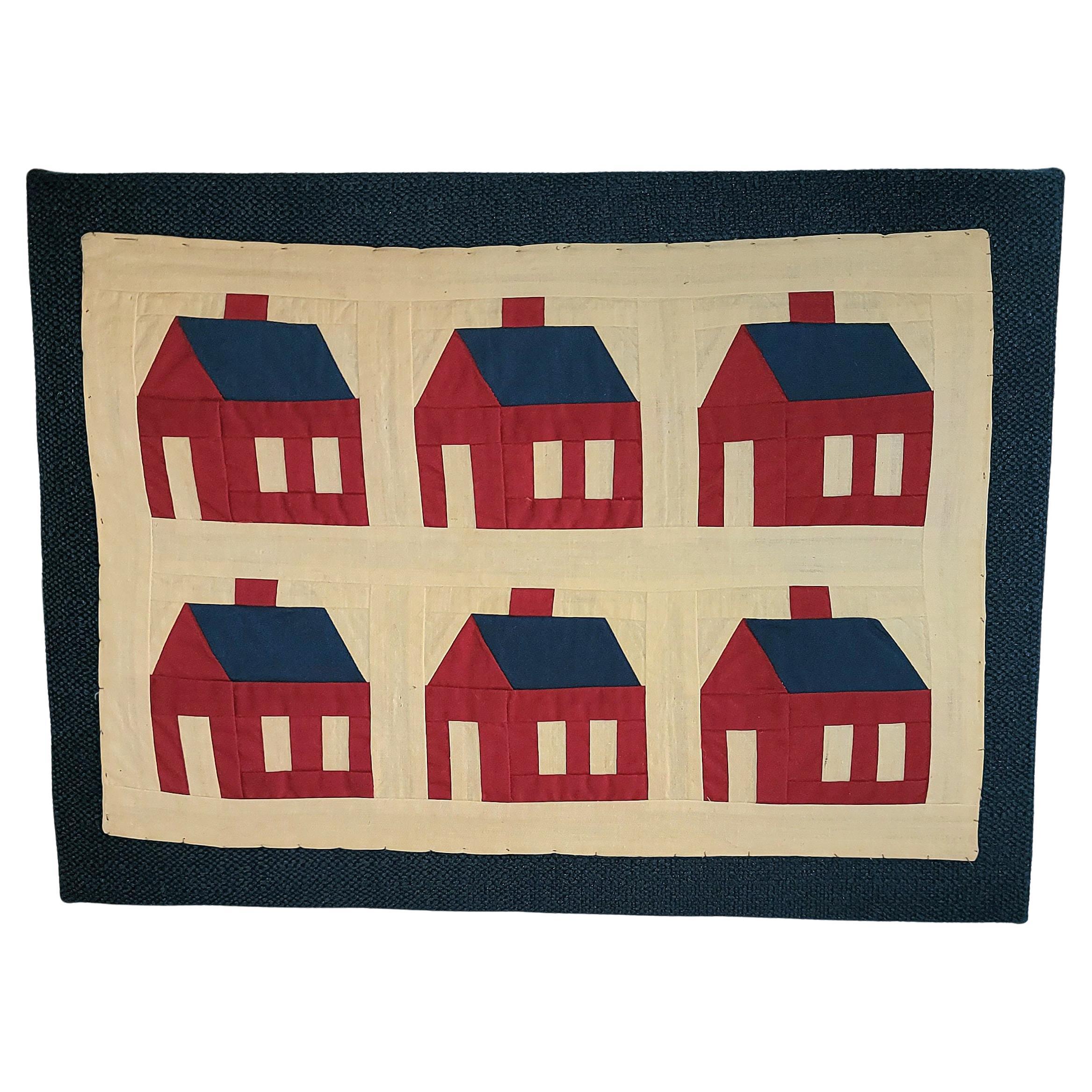 20Thc Red & Blue Mounted School House Doll Quilt For Sale