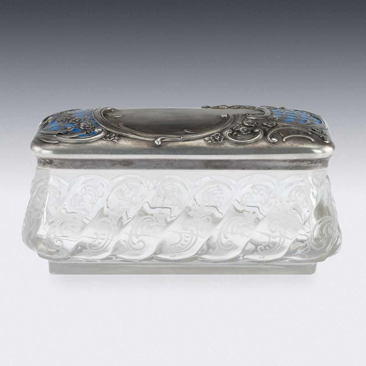 20th Century Russian Faberge Enamelled Solid Silver and Rock Crystal Box, circa 1900