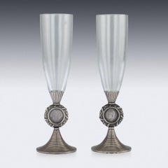 20th Century Russian Faberge Solid Silver and Glass Champagne Flutes, circa 1900