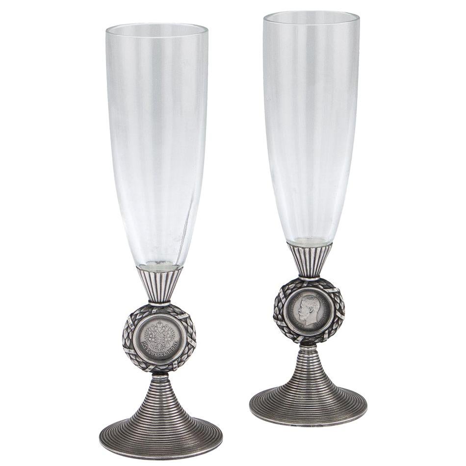 20th Century Russian Faberge Solid Silver and Glass Champagne Flutes, circa 1900
