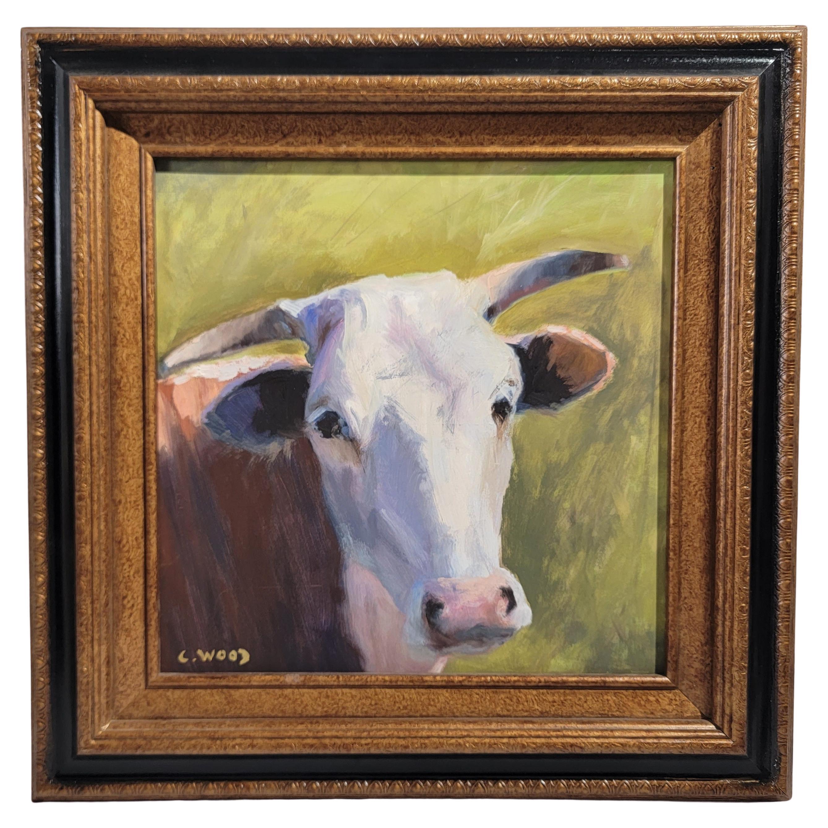 20thc Signed Cow Oil Painting Listed Artist For Sale