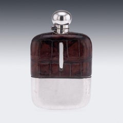 20thC Silver Plate & Crocodile Leather Hip Flask By James Dixon & Son c.1900