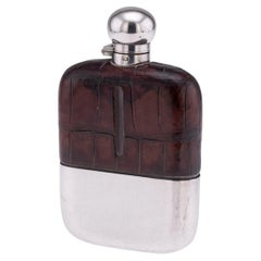 20thC Silver Plate & Crocodile Leather Hip Flask By James Dixon & Son c.1900
