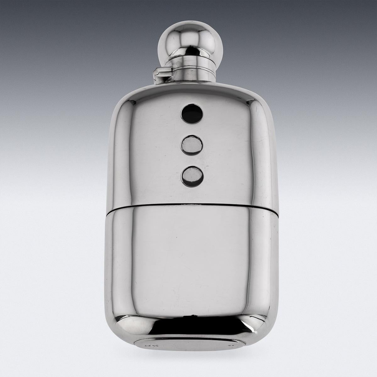 Antique early 20th Century Victorian solid silver hip flask with silver hinged top. Beautifully created in a smooth overall finish, three holes for measure with a detachable cup. Hallmarked English silver (925 standard), Sheffield, year 1901 (i),