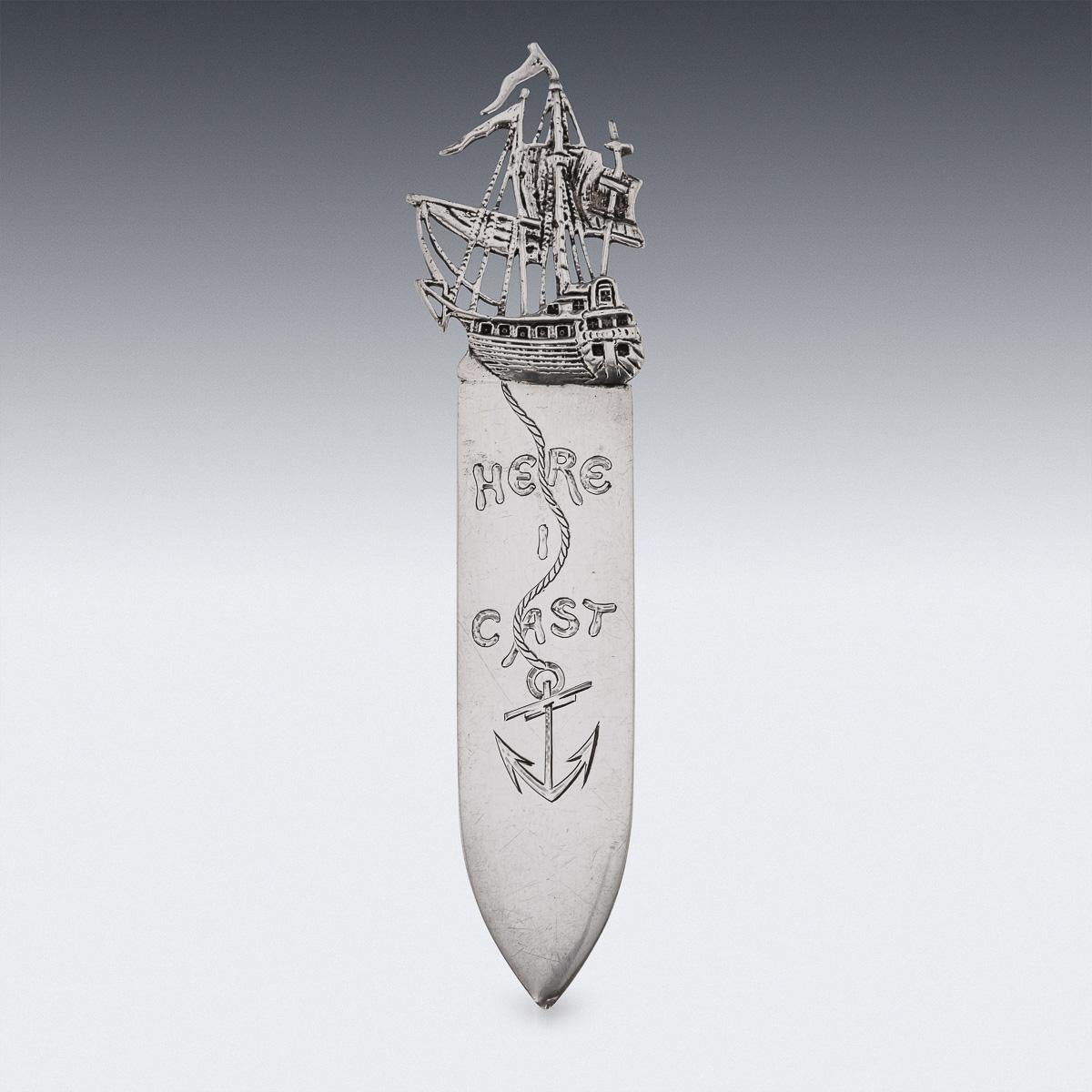 Antiques early 20th Century Victorian solid silver novelty bookmark. This bookmark depicts a ship with a dropped anchor and reads 'Here I Cast'. It is easy to imagine the appeal behind these bookmarks as a superb gift or personal possession. As
