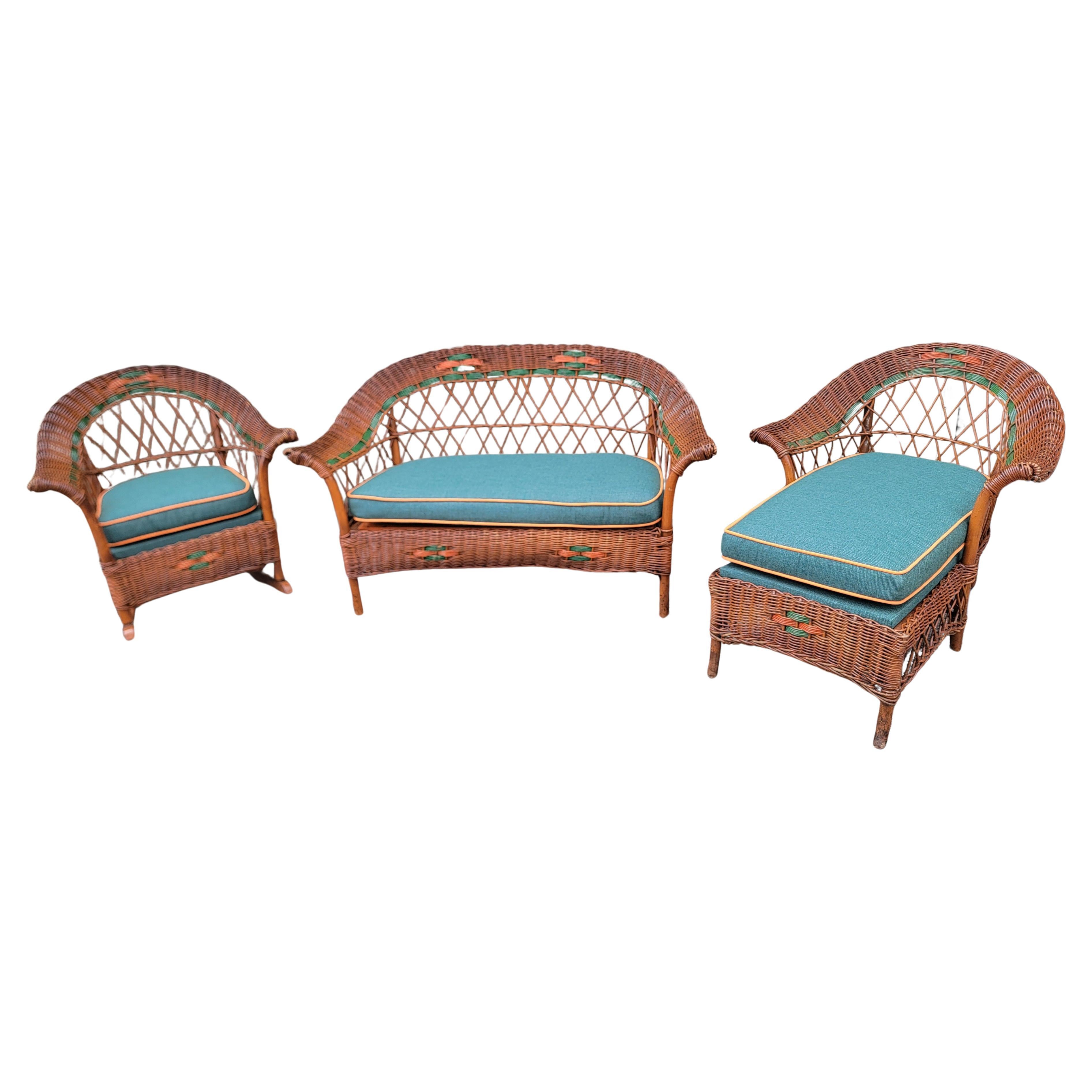 20Thc  Child & Child en osier  Bar Harbor Ensemble canapé, chaise et chaise berçante