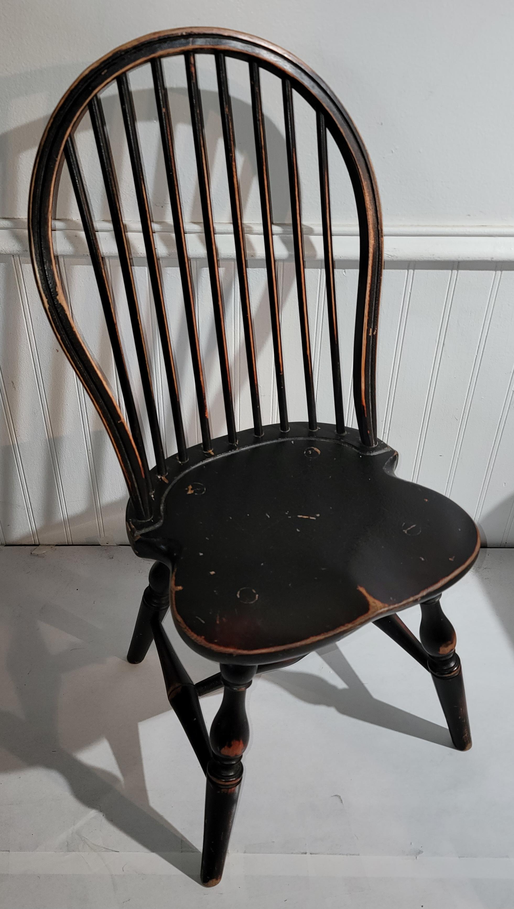 These fine handmade Children's Windsor chairs are in fine as found condition.They are original worn black painted surface and very sturdy condition. They were found in New England.