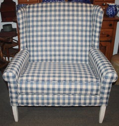20th C Wingback Love Seat in Blue and White Check Homespun Linen