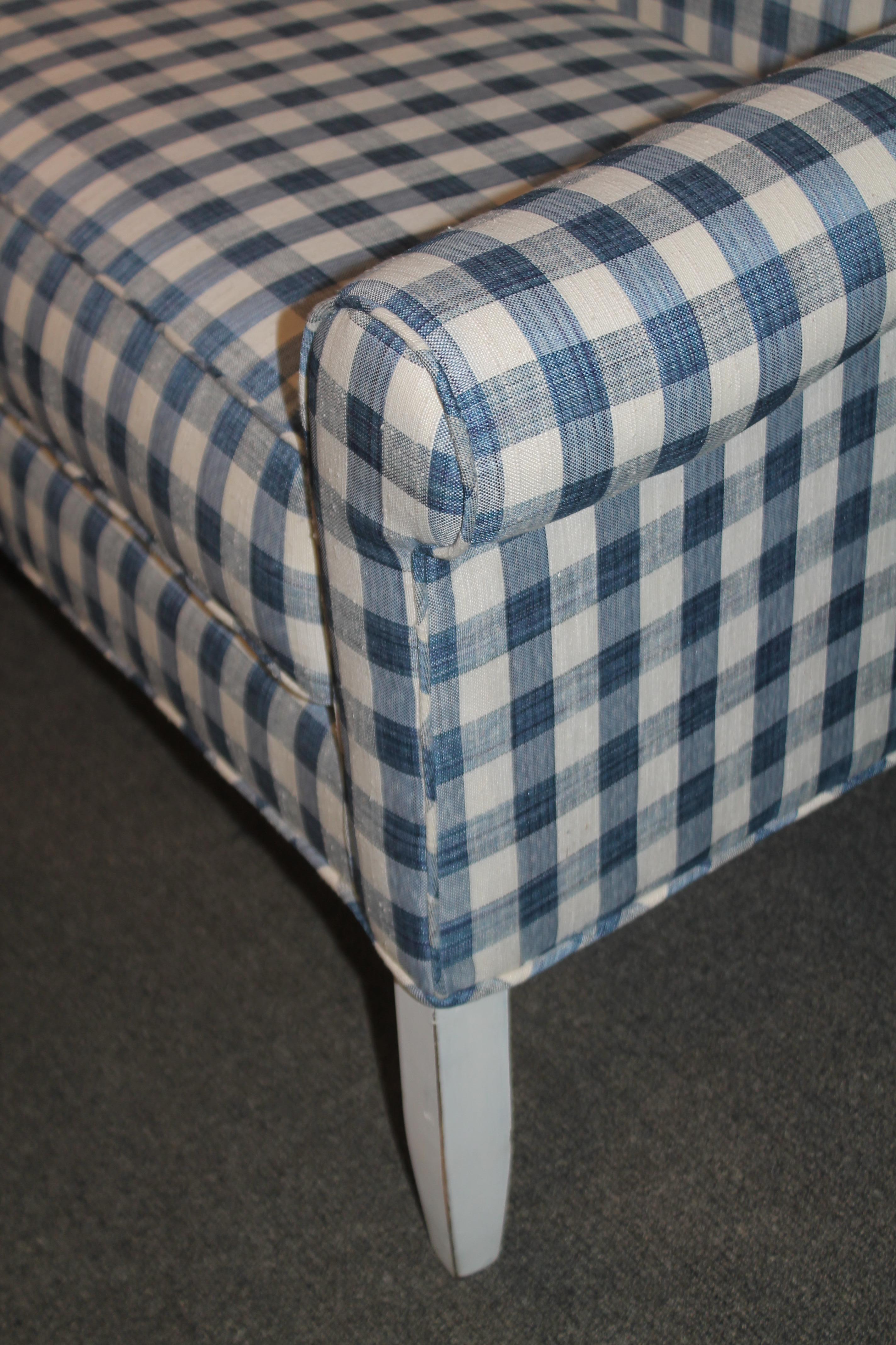 American Classical 20th C Wingback Love Seat in Blue and White Check Homespun Linen For Sale