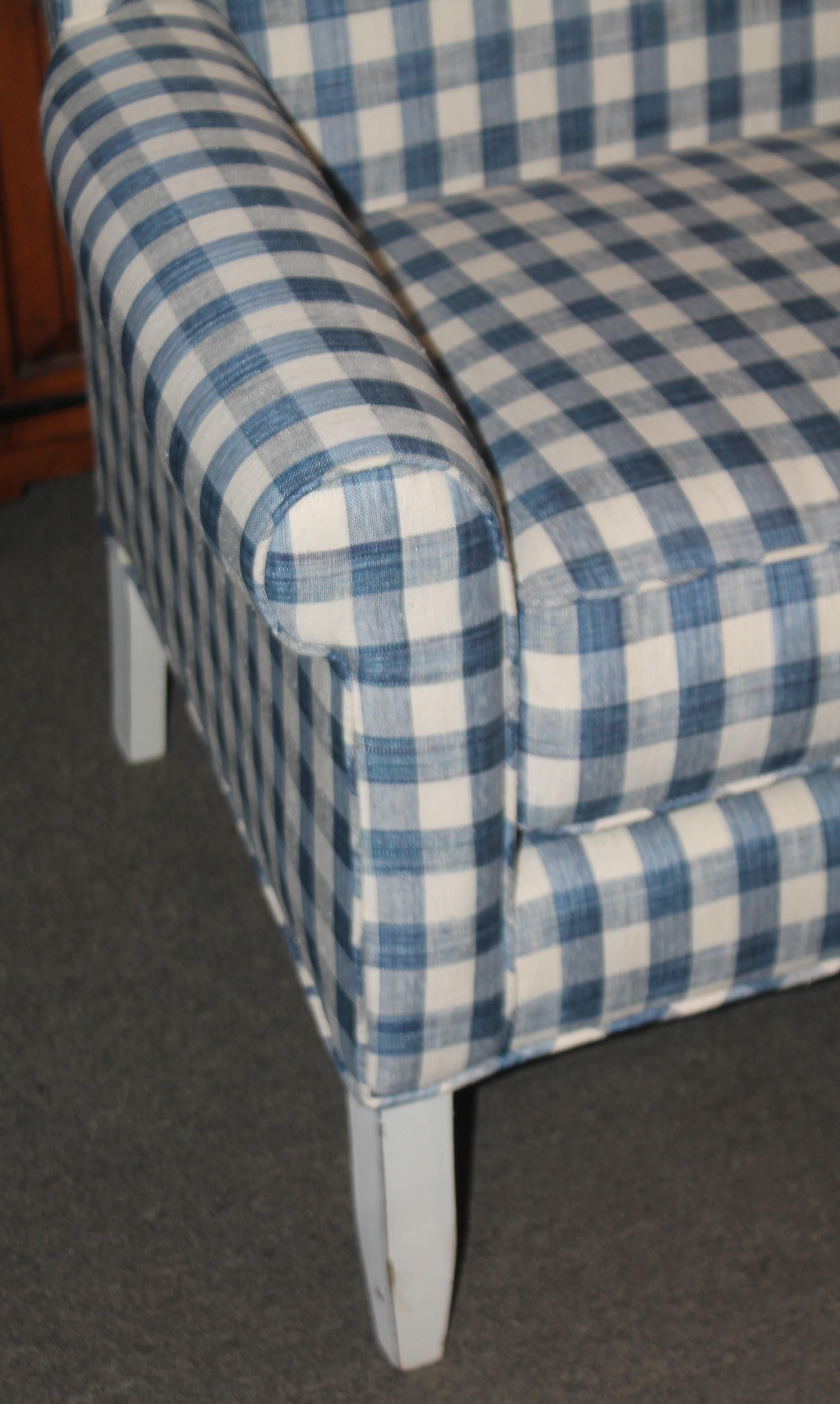 American 20th C Wingback Love Seat in Blue and White Check Homespun Linen For Sale