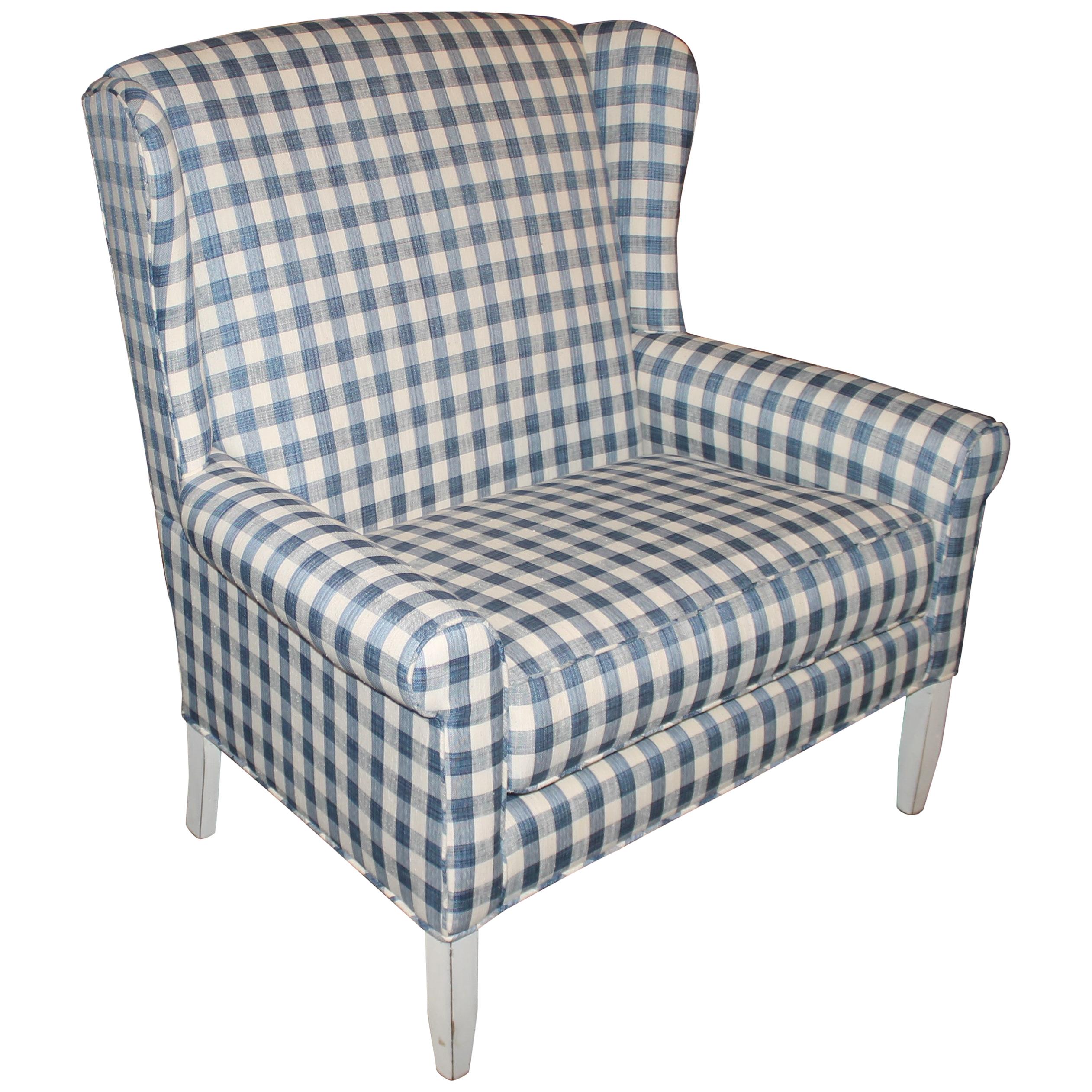 20th C Wingback Love Seat in Blue and White Check Homespun Linen