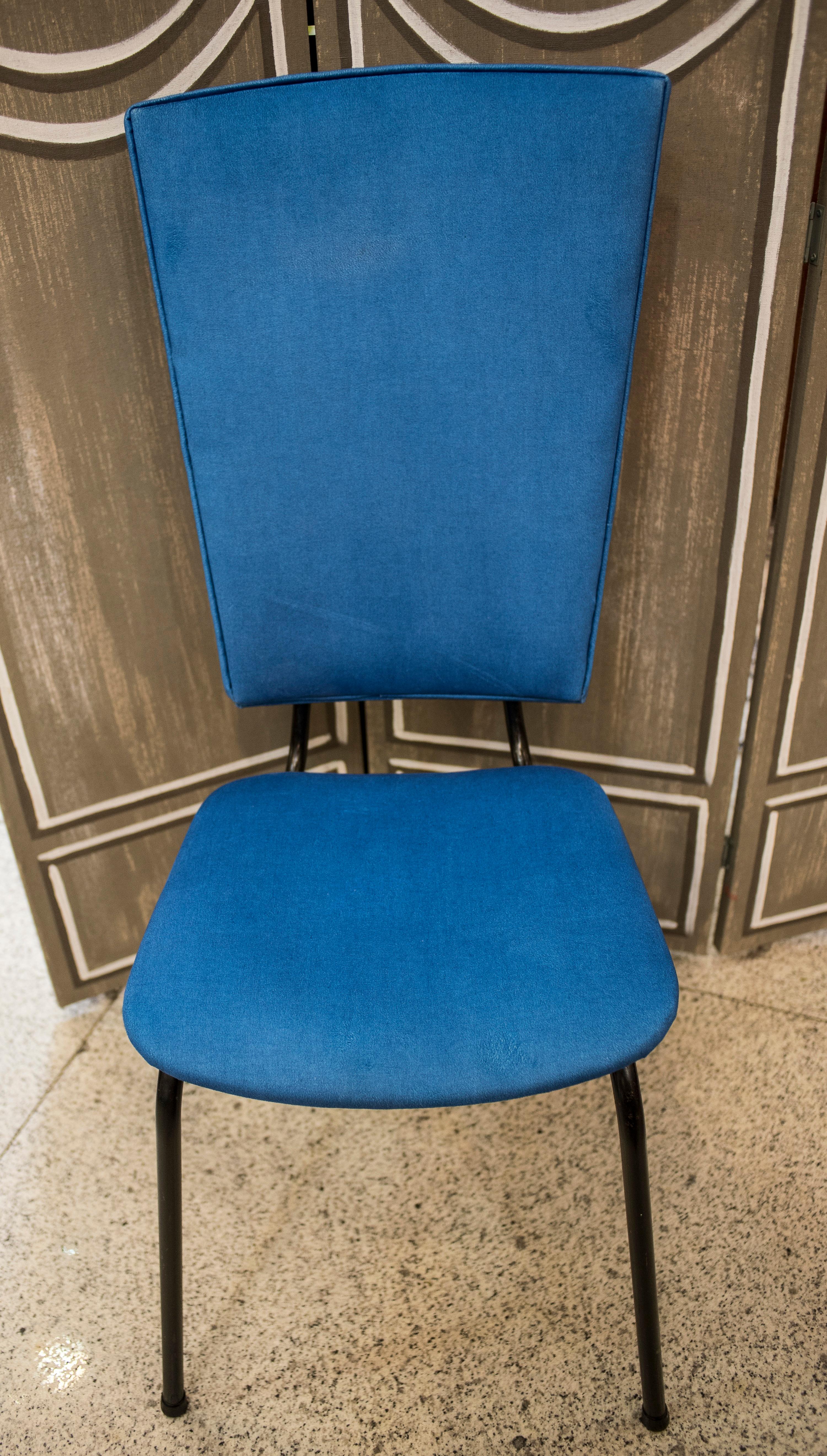 Hand-Crafted 20th Century Blue and Green Fabric and Iron Italian Set of 6 Chairs , 1950