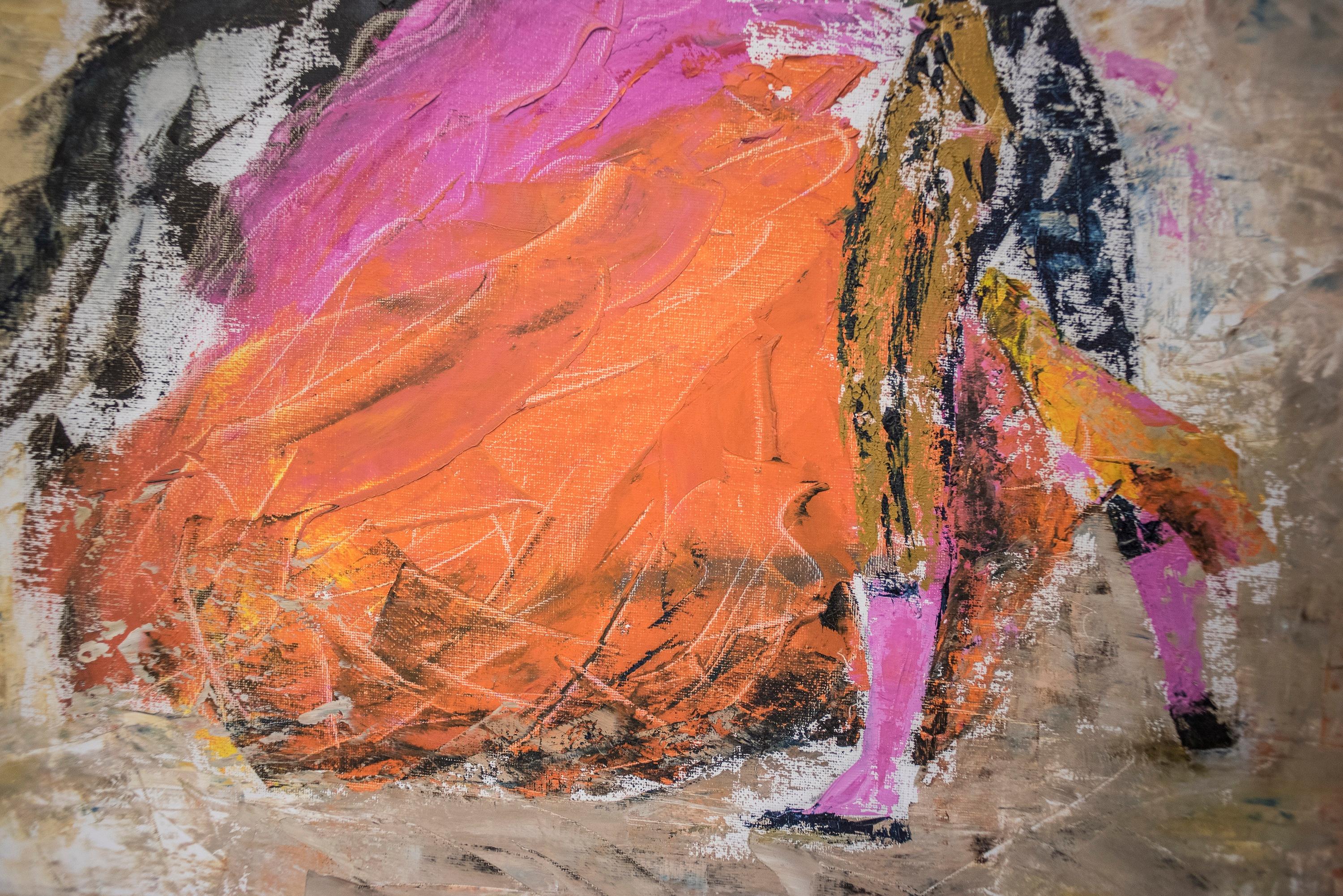 20th Century Expresionist Orange Pink Oiloncanvas Bullfighter, 1990, Signed 2