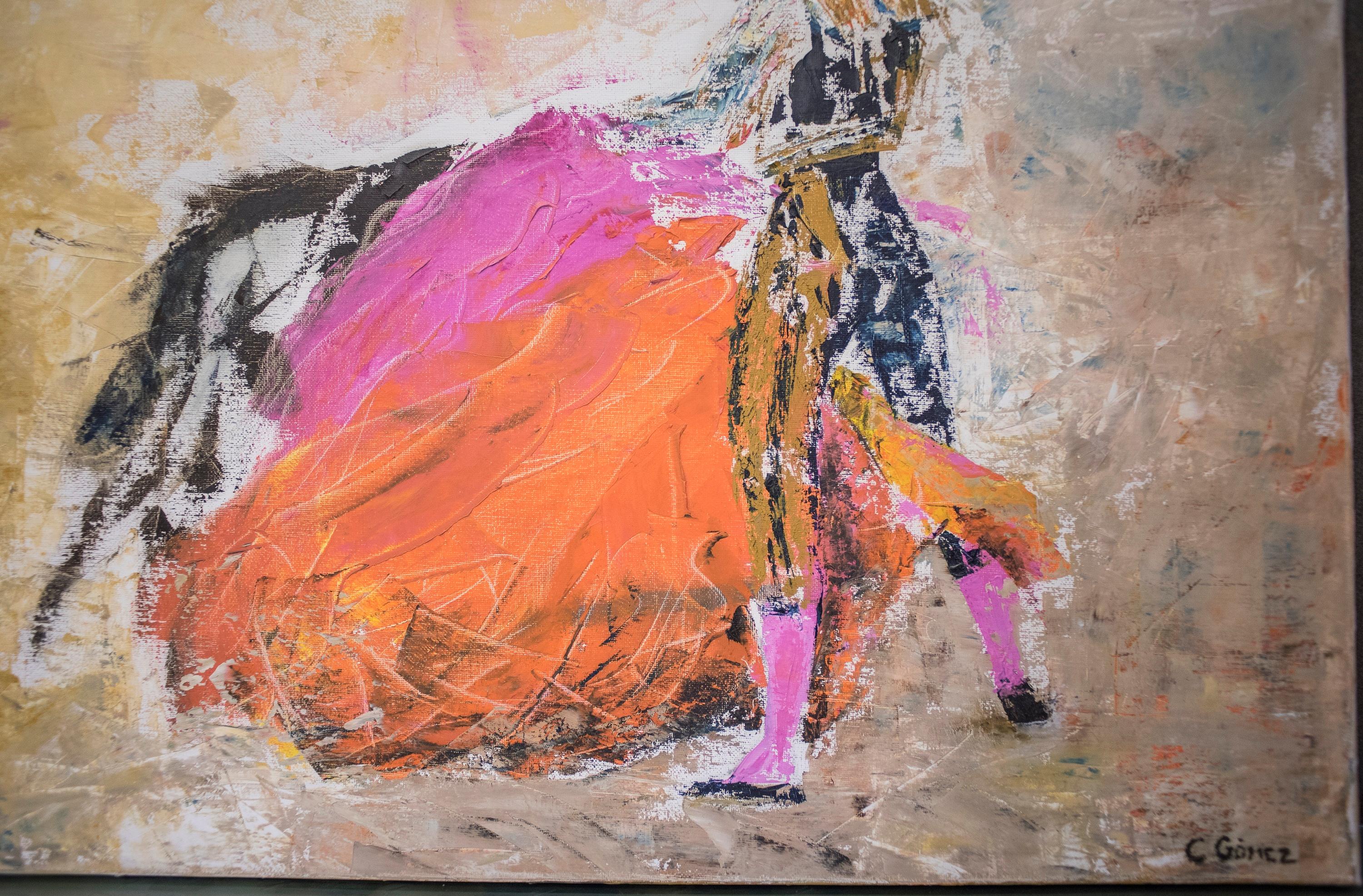 Painted 20th Century Expresionist Orange Pink Oiloncanvas Bullfighter, 1990, Signed