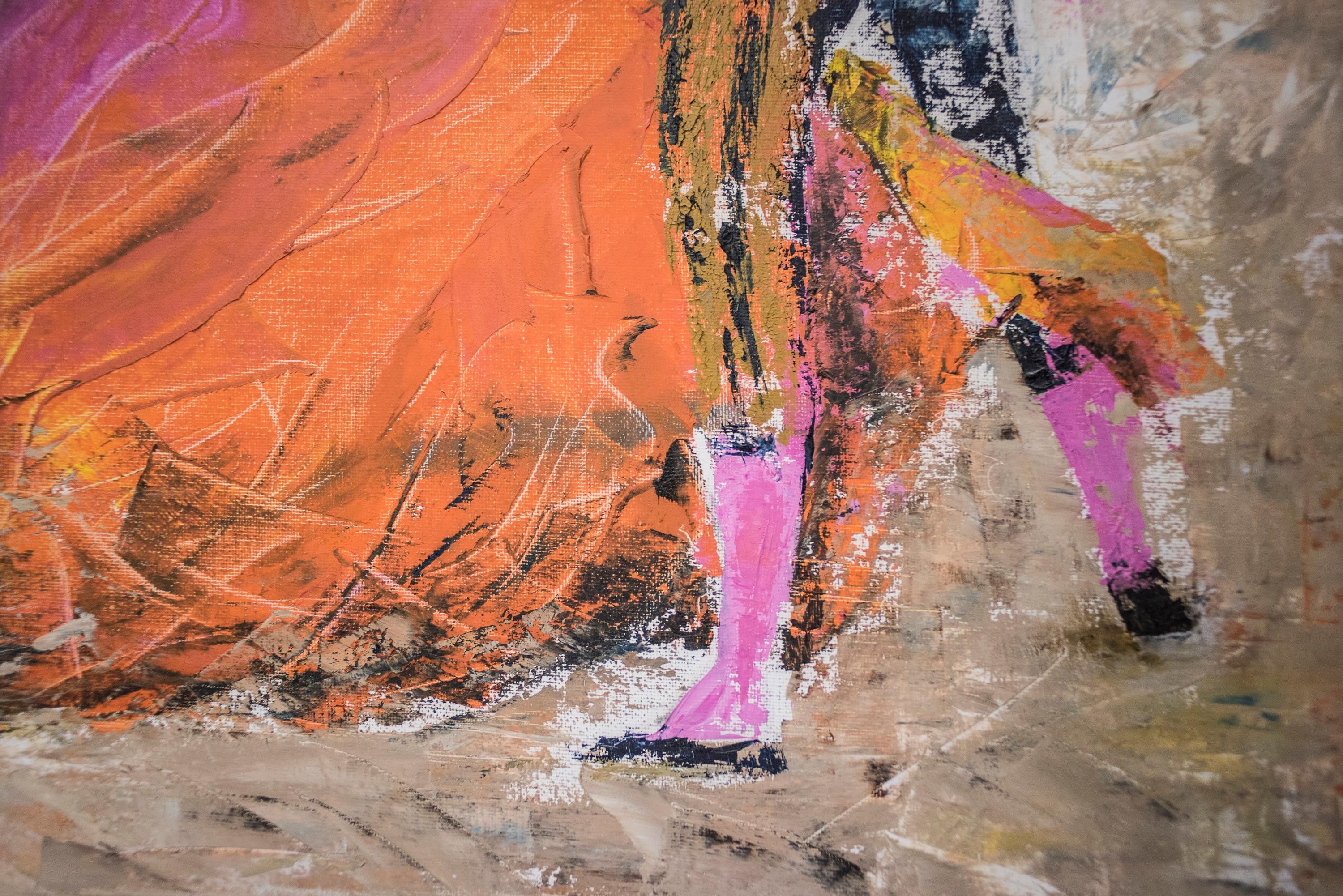 20th Century Expresionist Orange Pink Oiloncanvas Bullfighter, 1990, Signed In Excellent Condition In Valladolid, ES