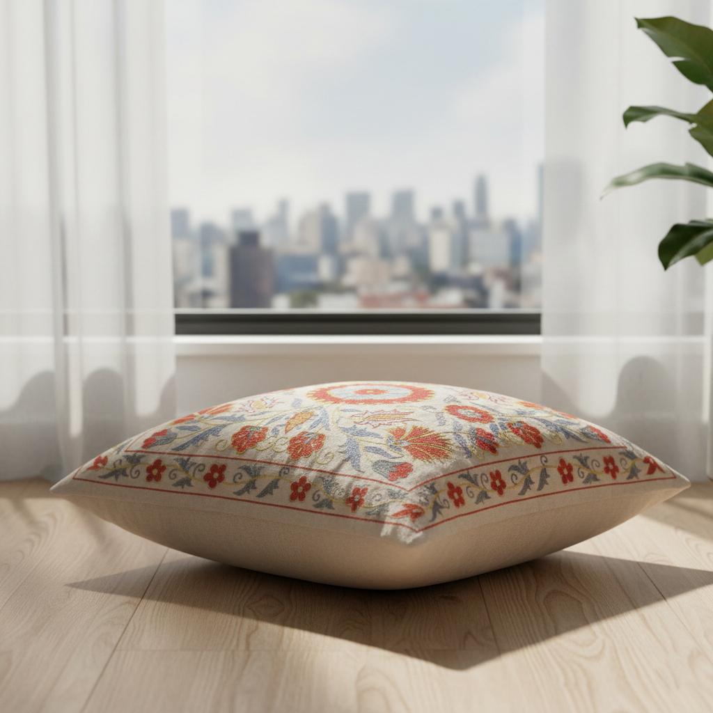 Nuovo copricuscino ricamato a mano in 100% seta - autentica arte tessile uzbeka

Eleva l'arredamento della tua casa con questo raffinato copricuscino Suzani ricamato a mano, realizzato al 100% in pura seta da abili artigiani dell'Uzbekistan.