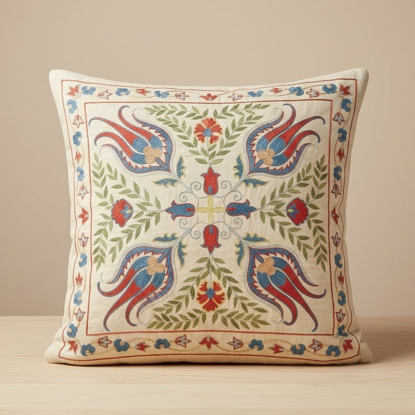 20"x20" 100% Silk Cushion Cover. Embroidered Pillowcase. Handmade Lace Pillow