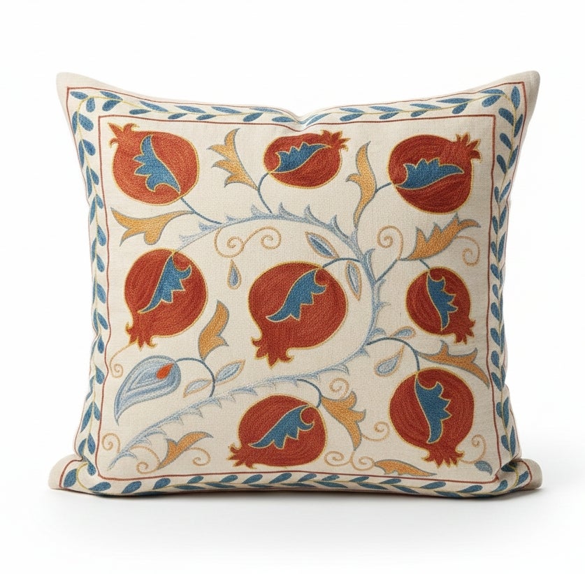 20"x20" 100% Silk Cushion Cover. Pomegranate Tree Design Embroidered Toss Pillow