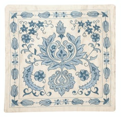 20"x20" 100% Silk Embroidered Cushion Cover. New Toss Pillow. Blue Lace Pillow