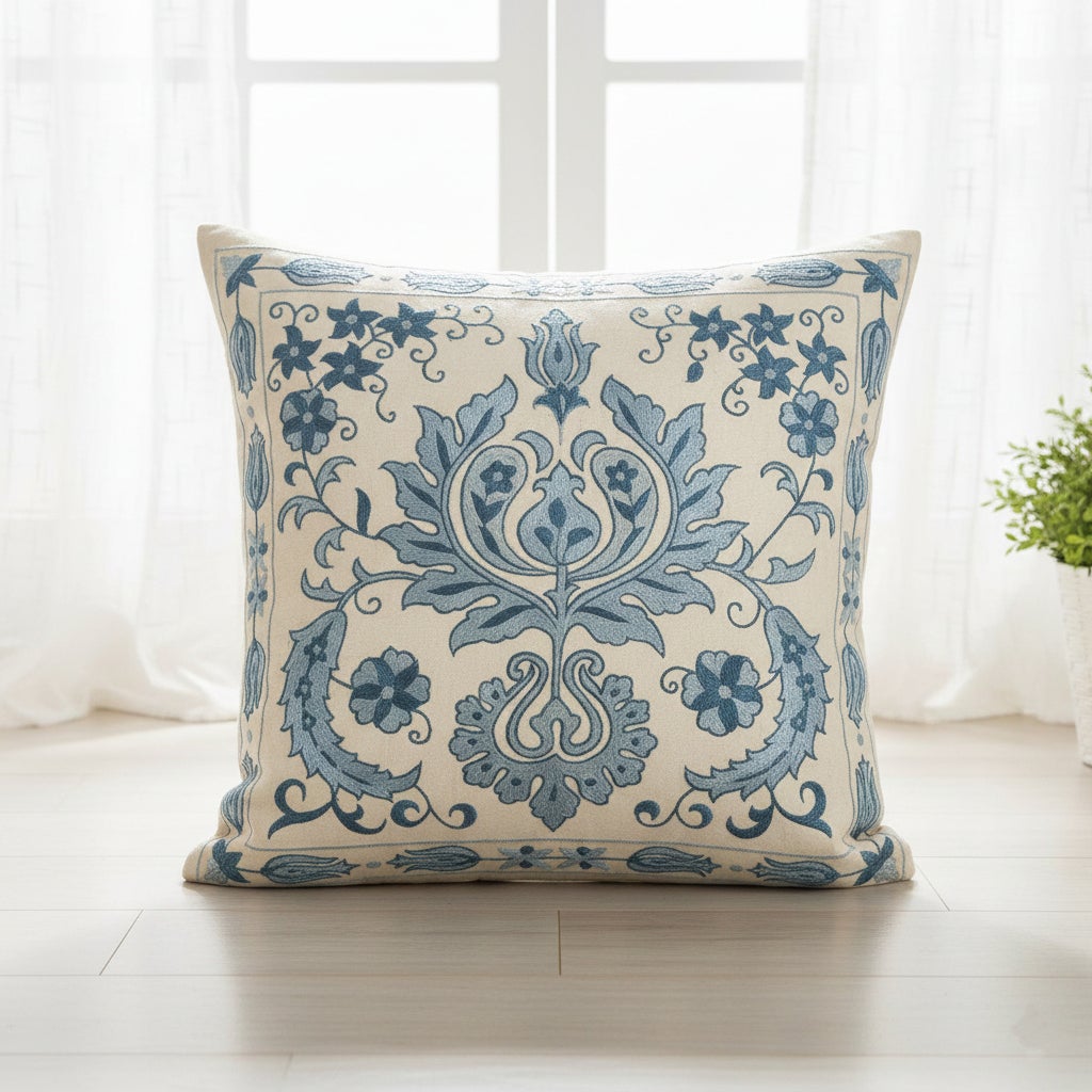 20 "x20" Housse de coussin brodée 100% soie. New Toss Pillow. Oreiller en dentelle bleue
