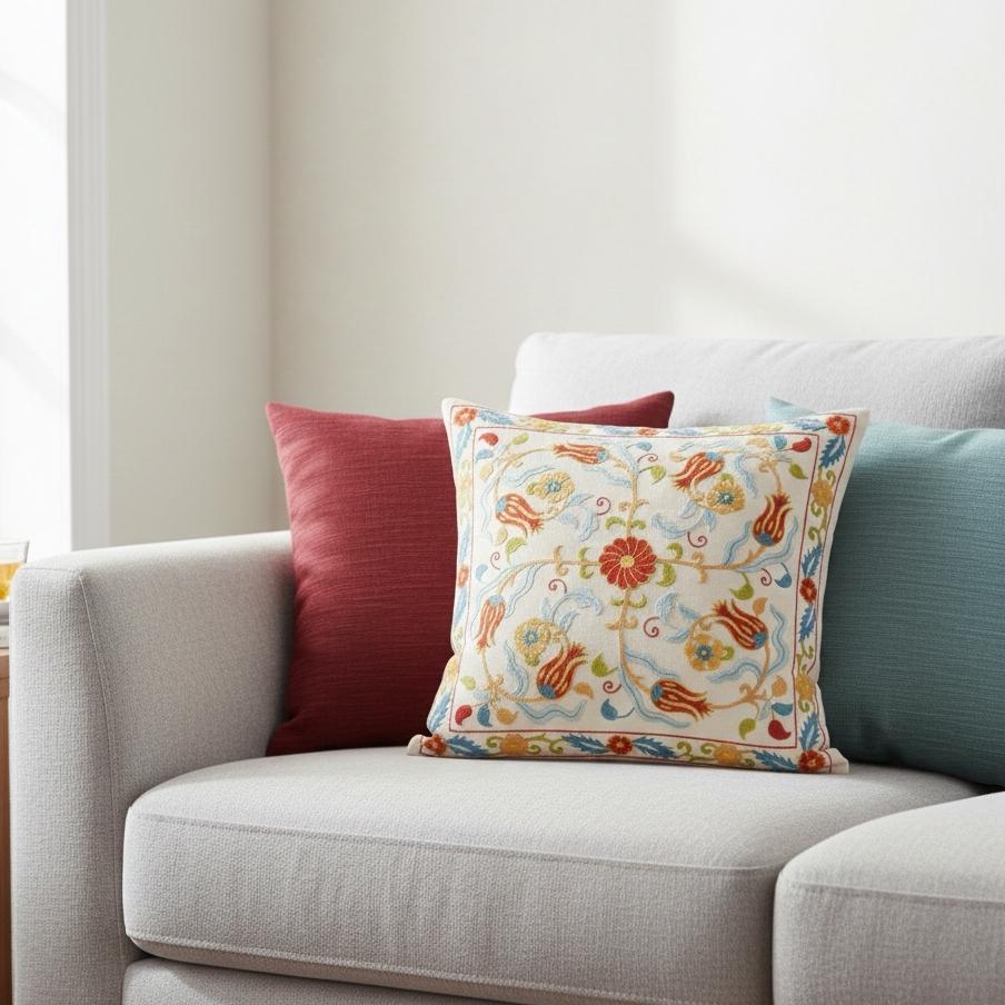 Nuovo copricuscino ricamato a mano in 100% seta - autentica arte tessile uzbeka

Eleva l'arredamento della tua casa con questo raffinato copricuscino Suzani ricamato a mano, realizzato al 100% in pura seta da abili artigiani dell'Uzbekistan.