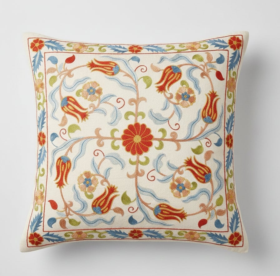 20 "x20" Housse de coussin brodée 100% soie. Couvercle de coussin coloré fait à la main