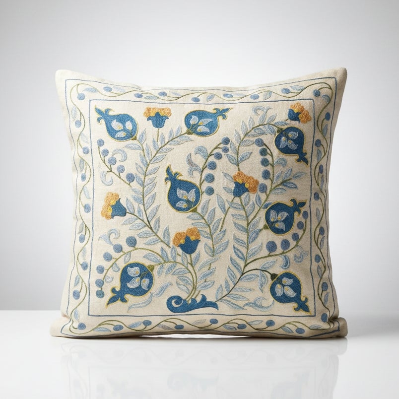 20"x20" All Silk Embroidered Cushion Cover. Blue Pillowcase. New Toss Pillow