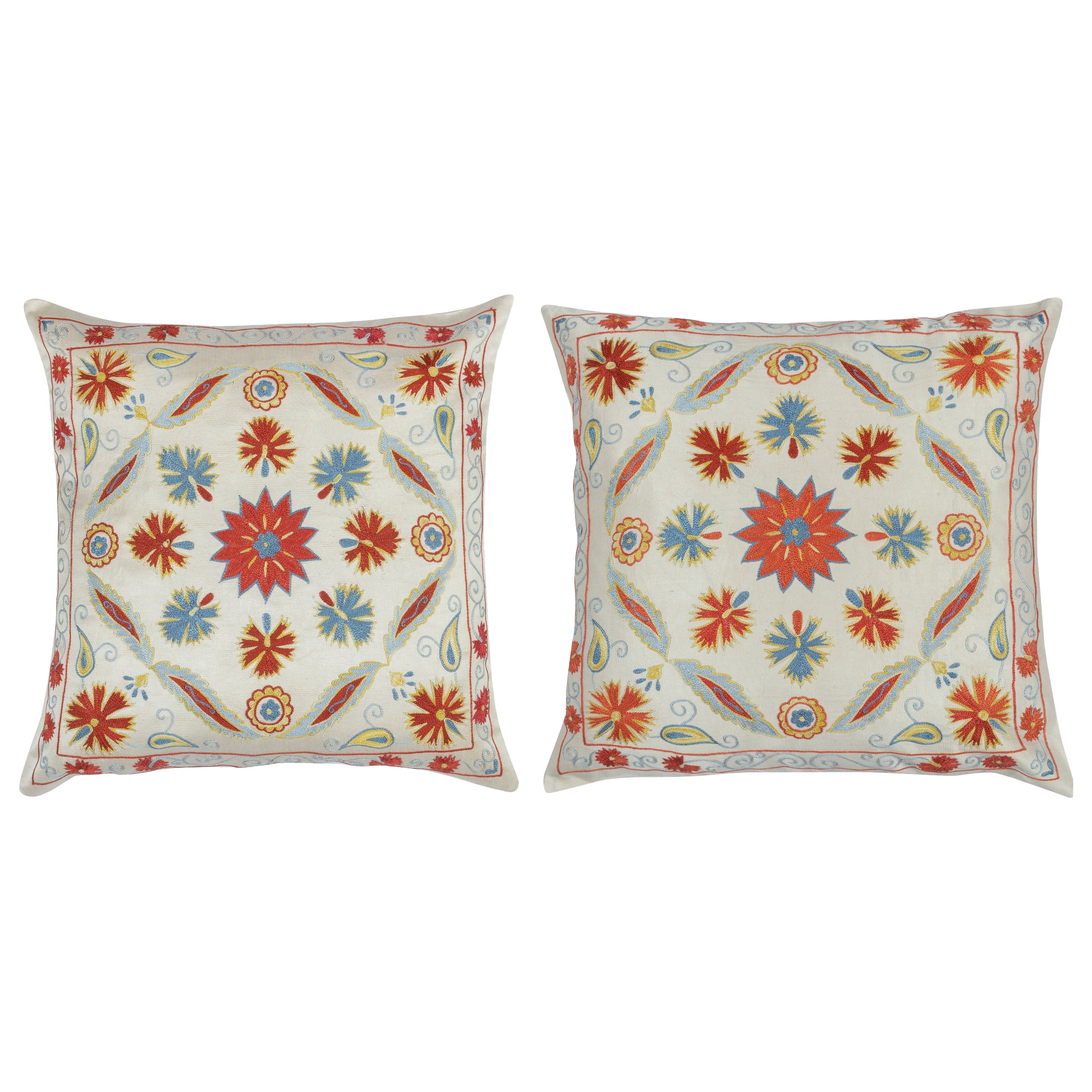 20"x20" SET OF 2 - 100% Silk Cushion Covers. Embroidered Accent Pillows
