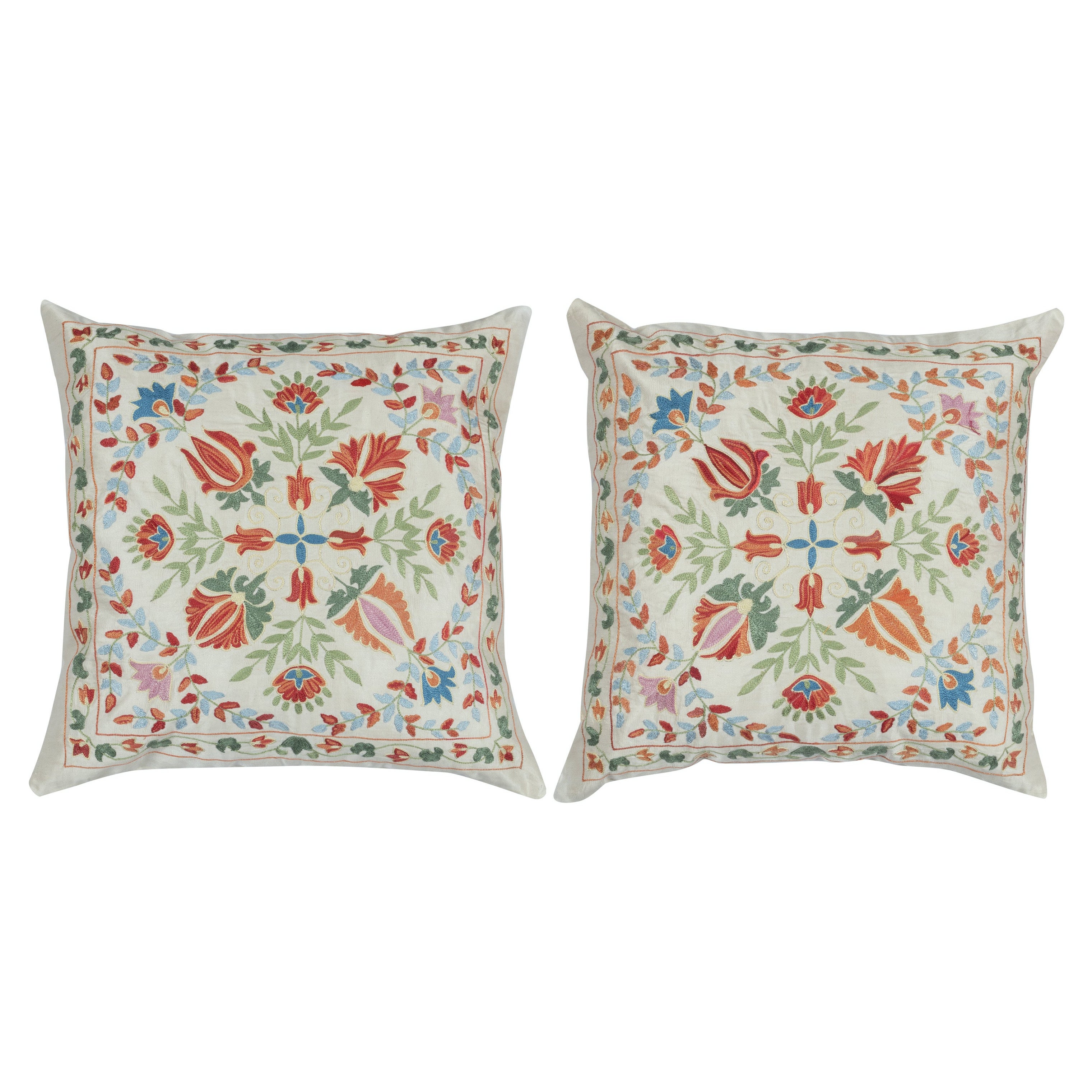 20 "x20" JUEGO DE 2 - Fundas de cojín de seda 100%. Almohadones bordados hechos a mano
