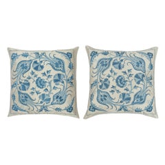 20"x20" SET OF 2 - All Silk Cushion Covers. Embroidered Blue Accent Pillows