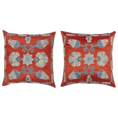 20"x20" SET OF 2 - Embroidered Red Cushion Covers. 100% Silk Accent Pillows