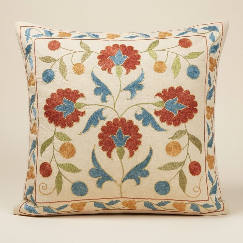20"x20" Suzani Cushion Cover. 100% Silk Lace Pillow. Hand Embroidered Pillowcase