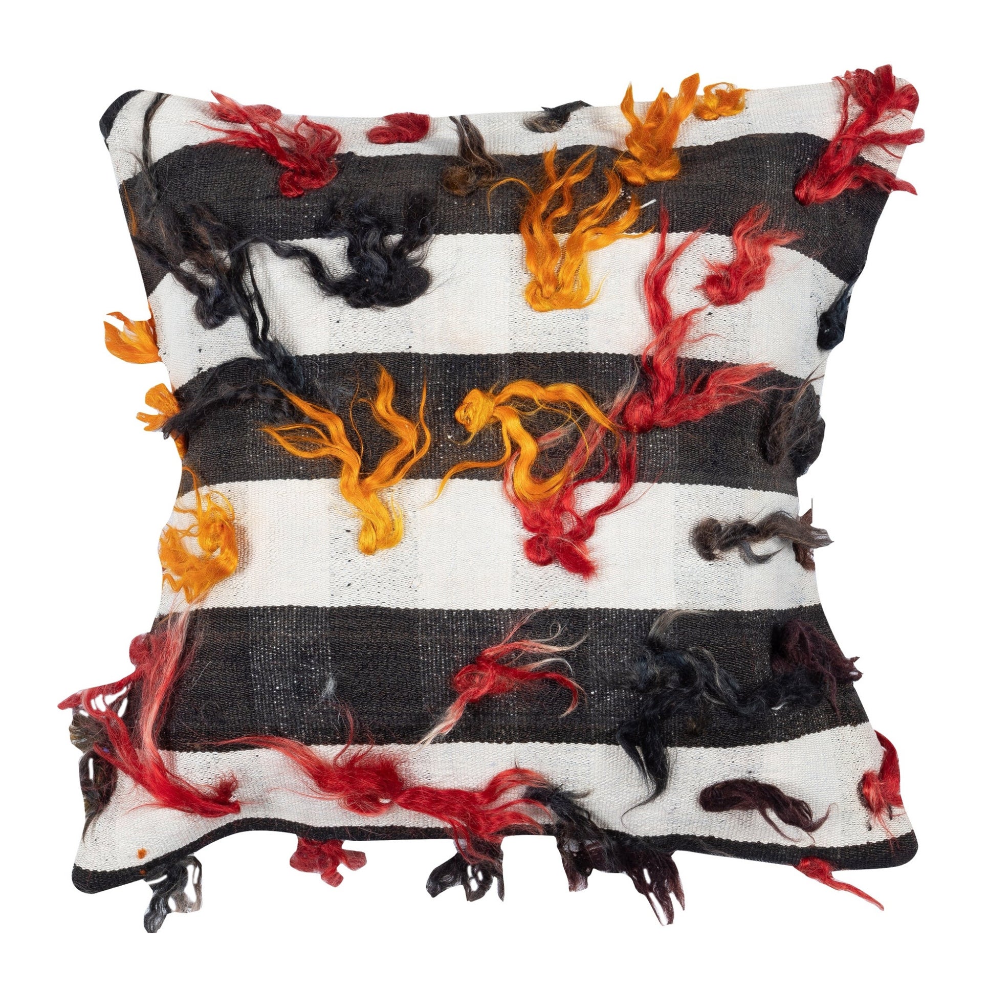 20"x20" Vintage Kilim Cushion Cover with pomps. Wool Throw Pillow. Accent Pillow