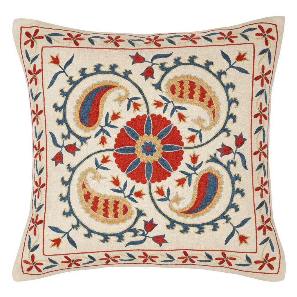 Nouvelle housse de coussin 100% soie brodée à la main - Art textile ouzbek authentique

Rehaussez votre décoration intérieure avec cette exquise housse de coussin Suzani brodée à la main, fabriquée à partir de 100 % de soie pure par des artisans