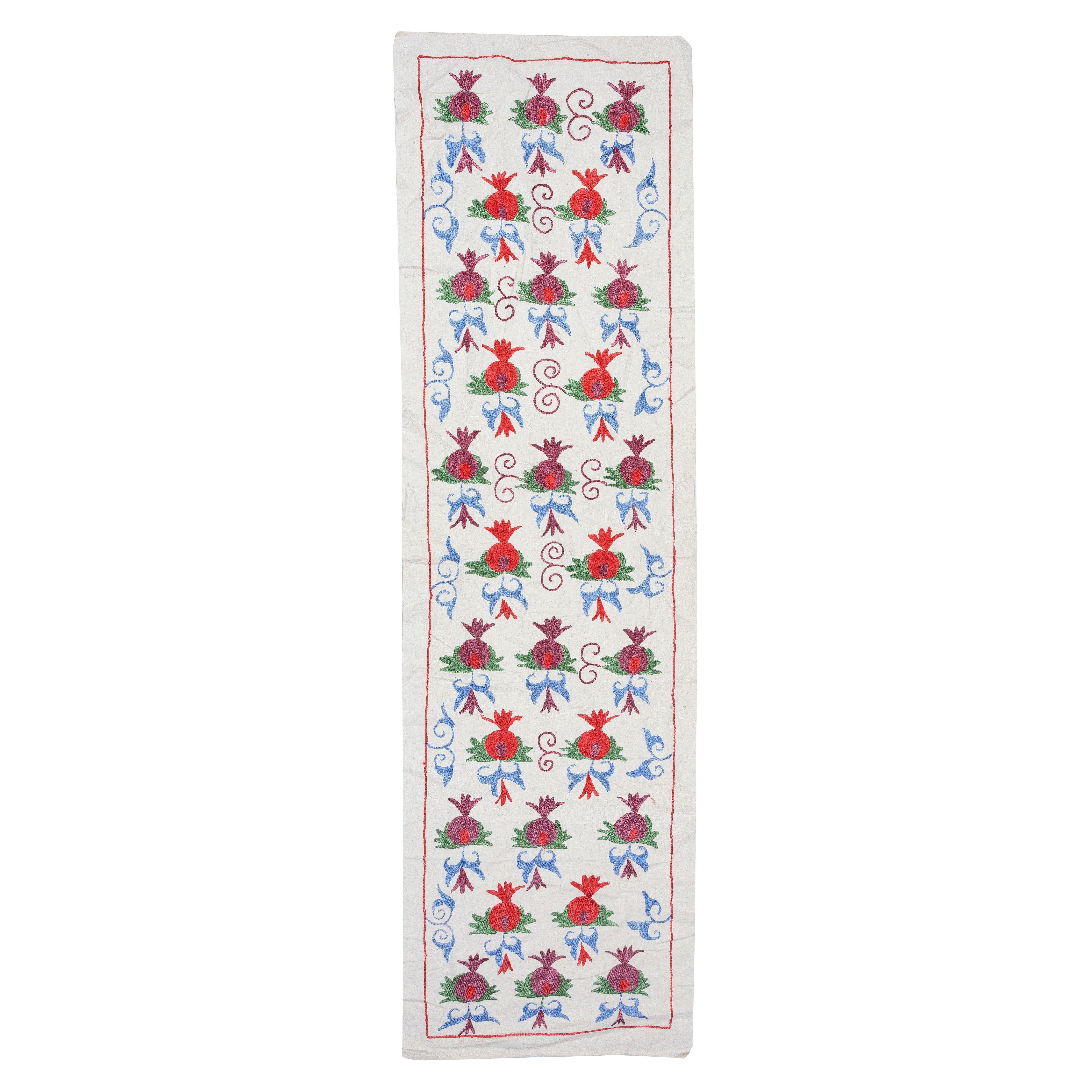 20x67 in Pomegranate Pattern Embroidered Wall Hanging. Cotton Table Runner