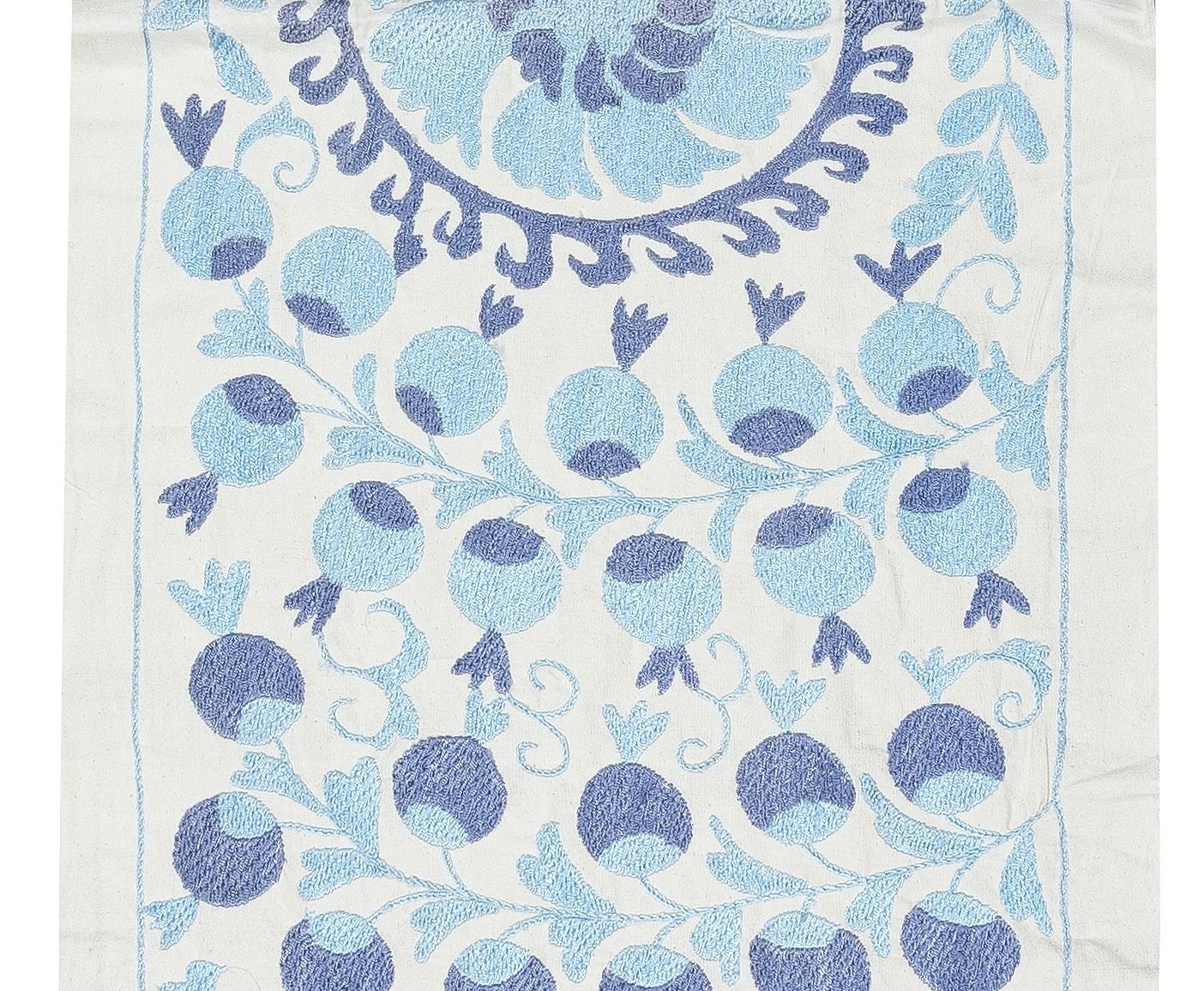 Central Asian 20x71 in Embroidered Table Runner. Cotton Wall Hanging. Light Blue Wall Decor For Sale