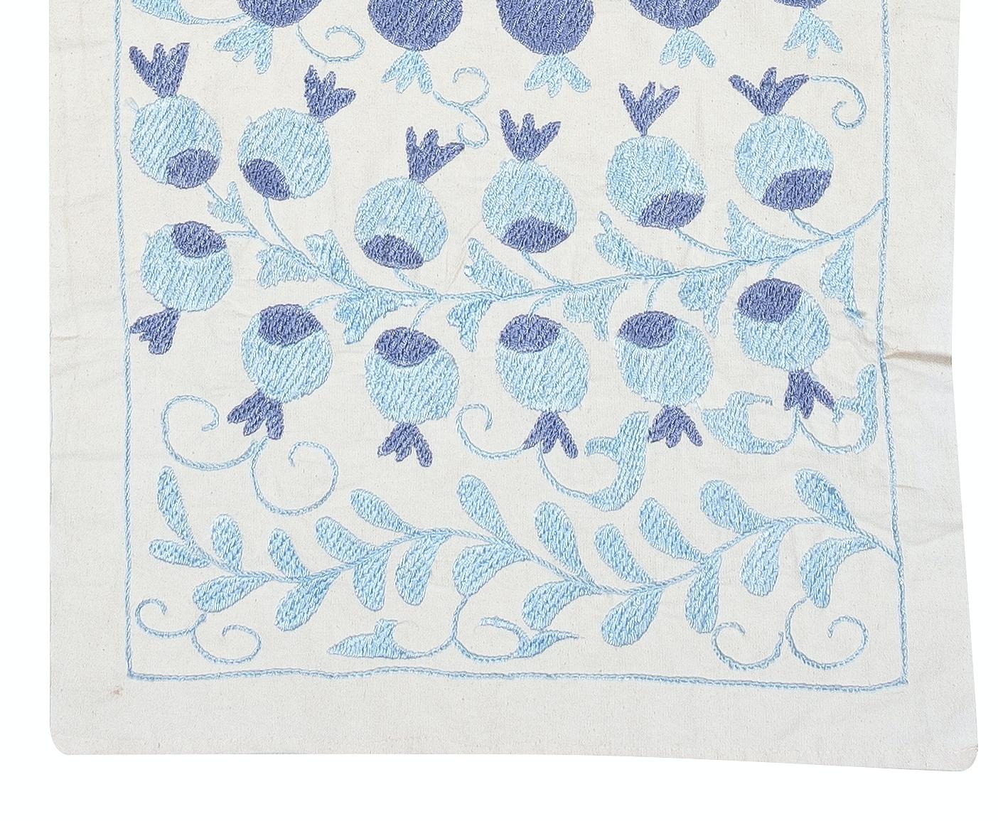 20x71 in Embroidered Table Runner. Cotton Wall Hanging. Light Blue Wall Decor In New Condition For Sale In Spring Valley, NY