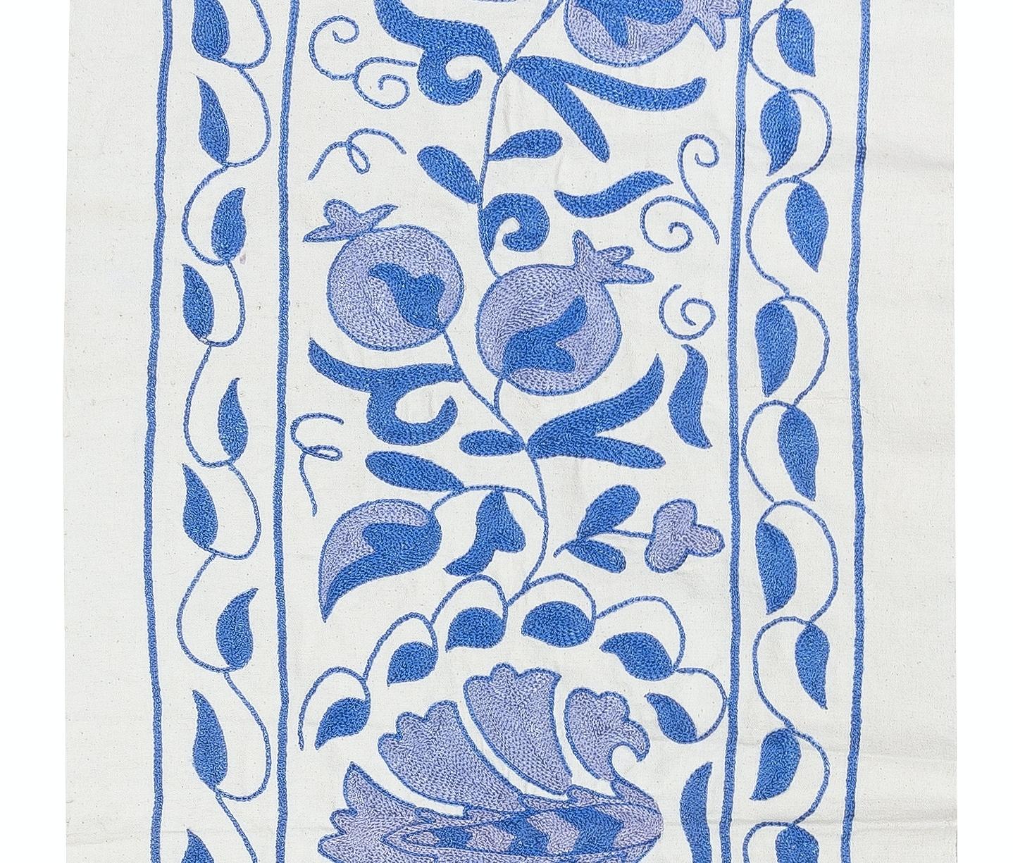 Suzani 20x71 in Light Blue Embroidered Table Runner. Cotton Wall Hanging. Wall Decor For Sale