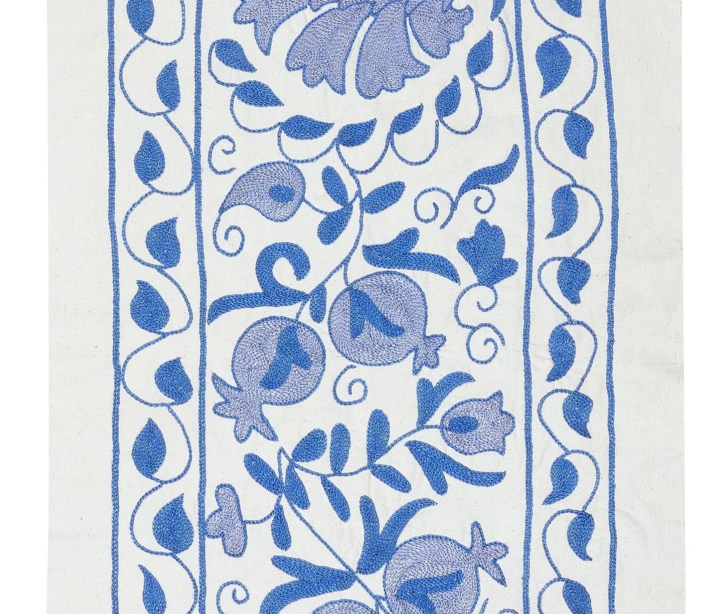Central Asian 20x71 in Light Blue Embroidered Table Runner. Cotton Wall Hanging. Wall Decor For Sale