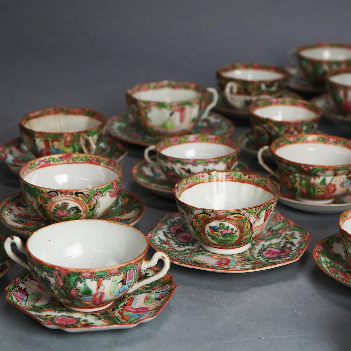 21 Antique Chinese Rose Medallion Porcelain Tea Cups & 20 Saucers C1900 For Sale 5