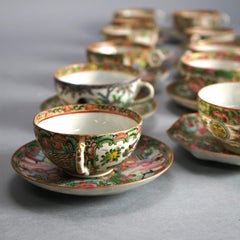 21 Antique Chinese Rose Medallion Porcelain Tea Cups & 20 Saucers C1900