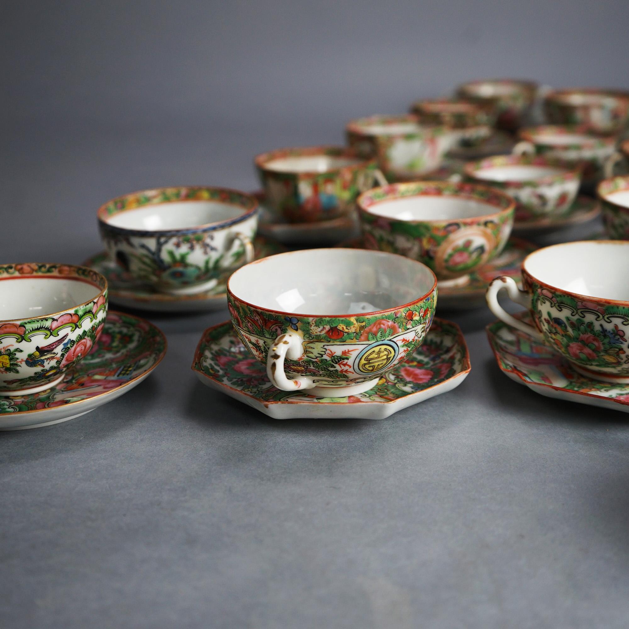 Asian 21 Antique Chinese Rose Medallion Porcelain Tea Cups & 20 Saucers C1900 For Sale