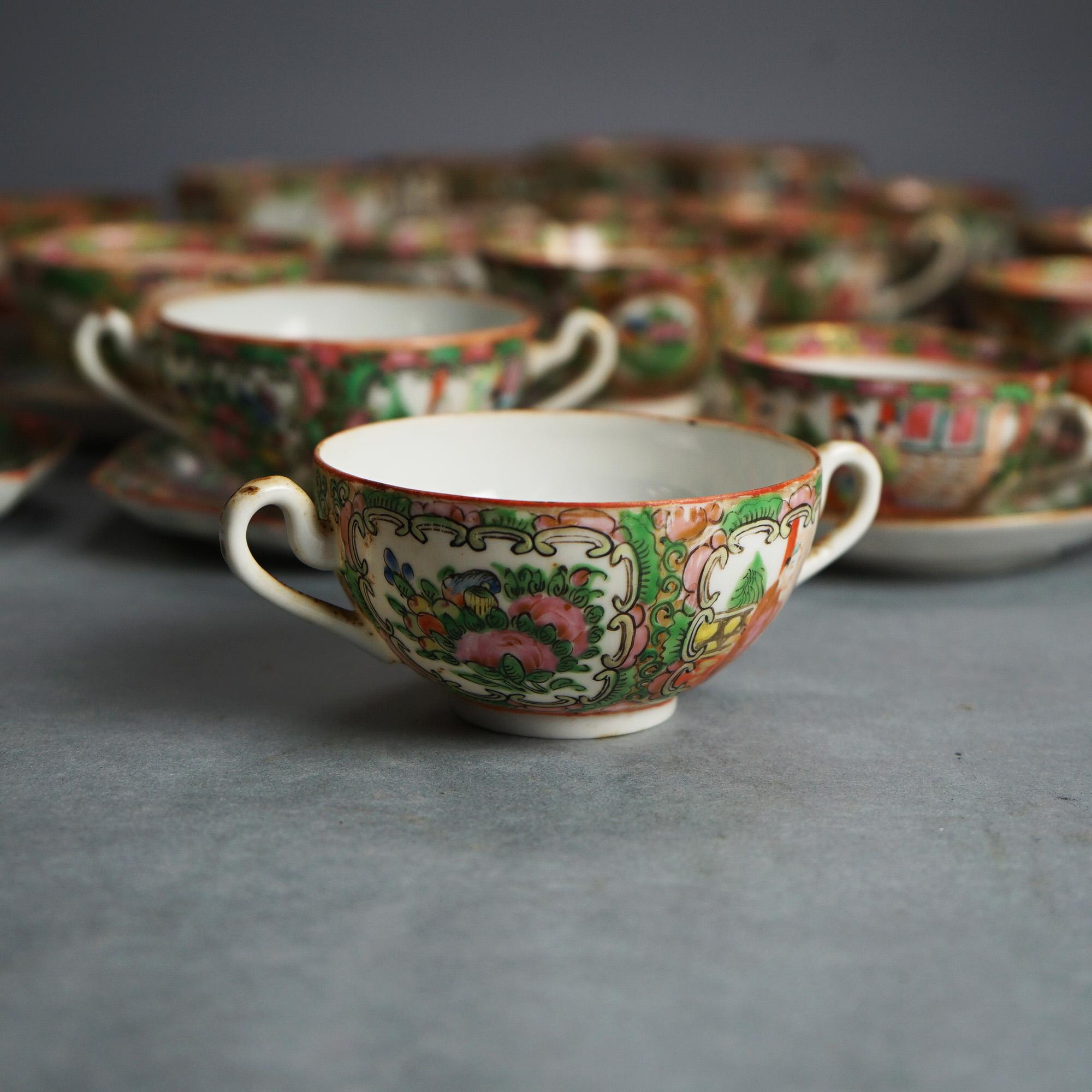 21 Antique Chinese Rose Medallion Porcelain Tea Cups & 20 Saucers C1900 In Good Condition For Sale In Big Flats, NY