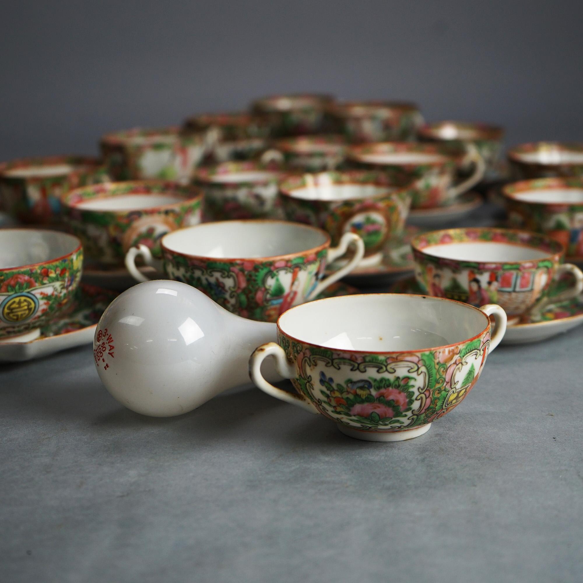 20th Century 21 Antique Chinese Rose Medallion Porcelain Tea Cups & 20 Saucers C1900 For Sale