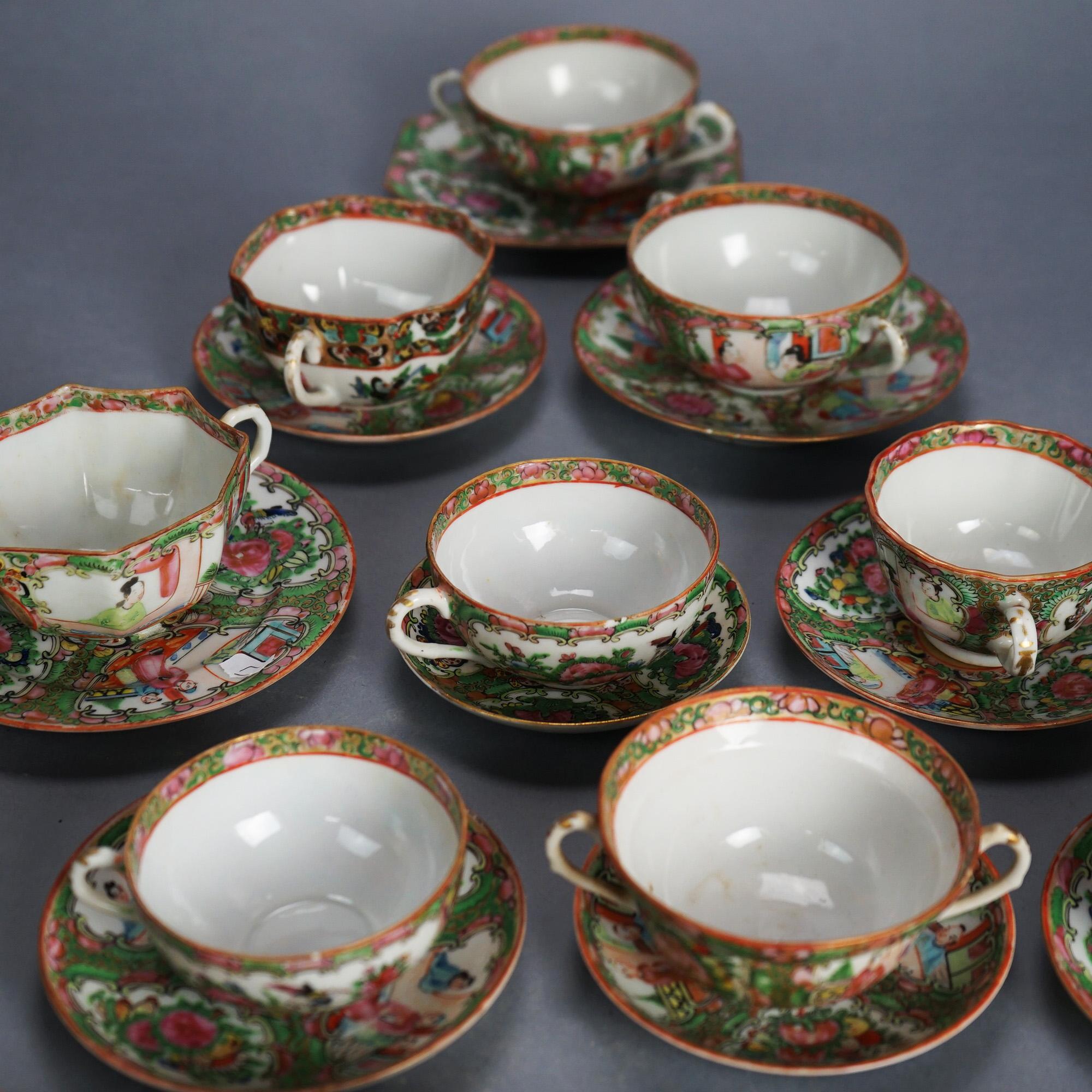 21 Antique Chinese Rose Medallion Porcelain Tea Cups & 20 Saucers C1900 For Sale 1