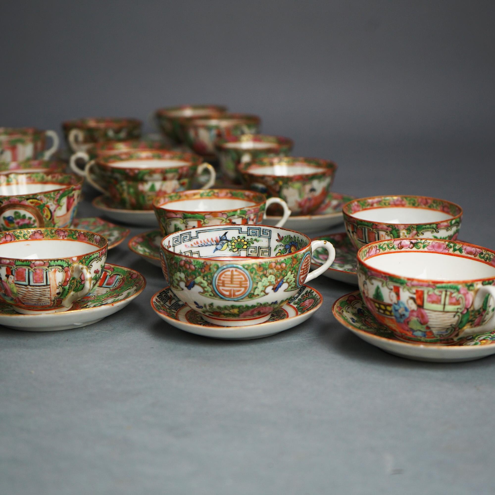 21 Antique Chinese Rose Medallion Porcelain Tea Cups & 20 Saucers C1900 For Sale 2